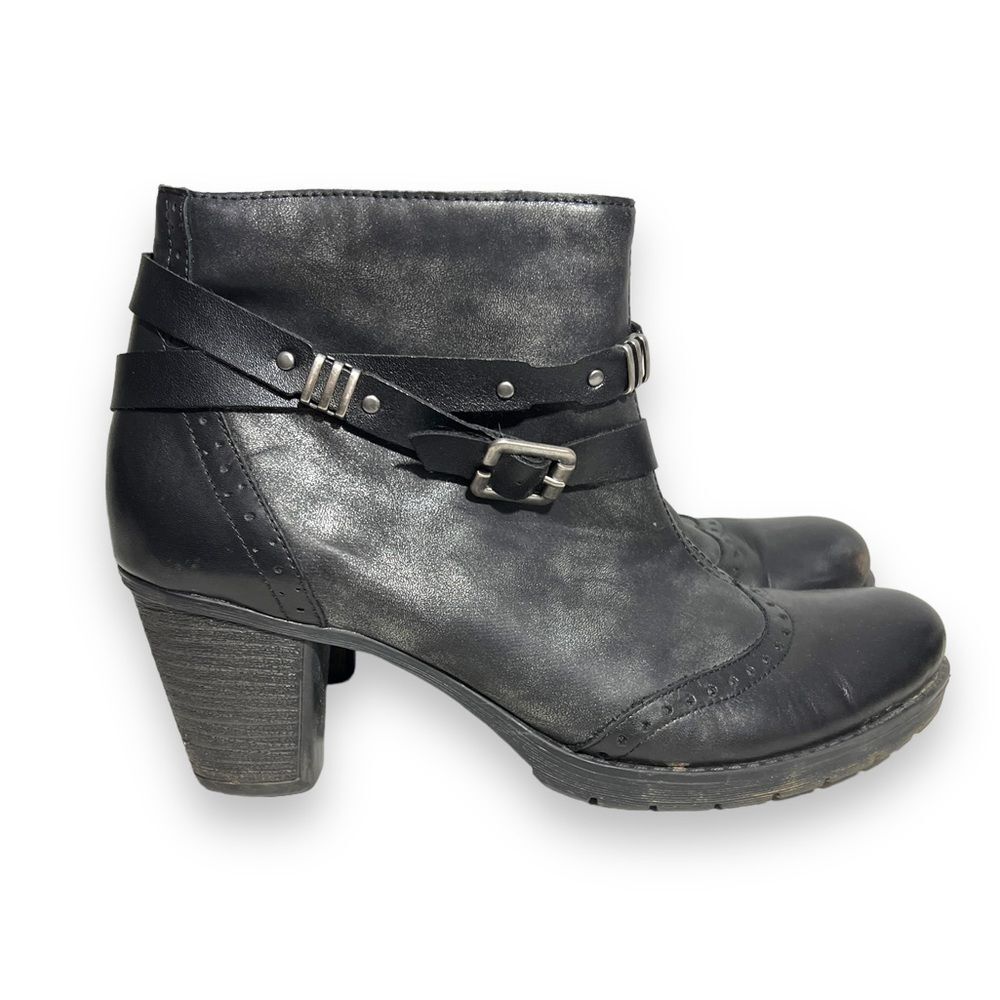 Remonte Ankle Bootie Buckle Strap Round Toe Leather Block Heel Black Women's 42